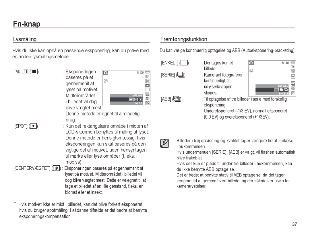 Samsung EC-S1070SBA/E2, EC-S1070BBA/E2, EC-S1070WBA/E2, EC-S1070PBA/E2 manual Lysmåling, Fremføringsfunktion 