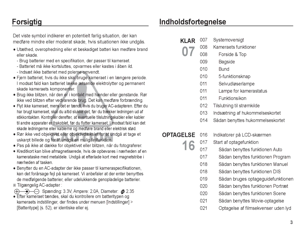 Samsung EC-S1070BBA/E2, EC-S1070WBA/E2, EC-S1070SBA/E2, EC-S1070PBA/E2 manual Forsigtig, Indholdsfortegnelse 