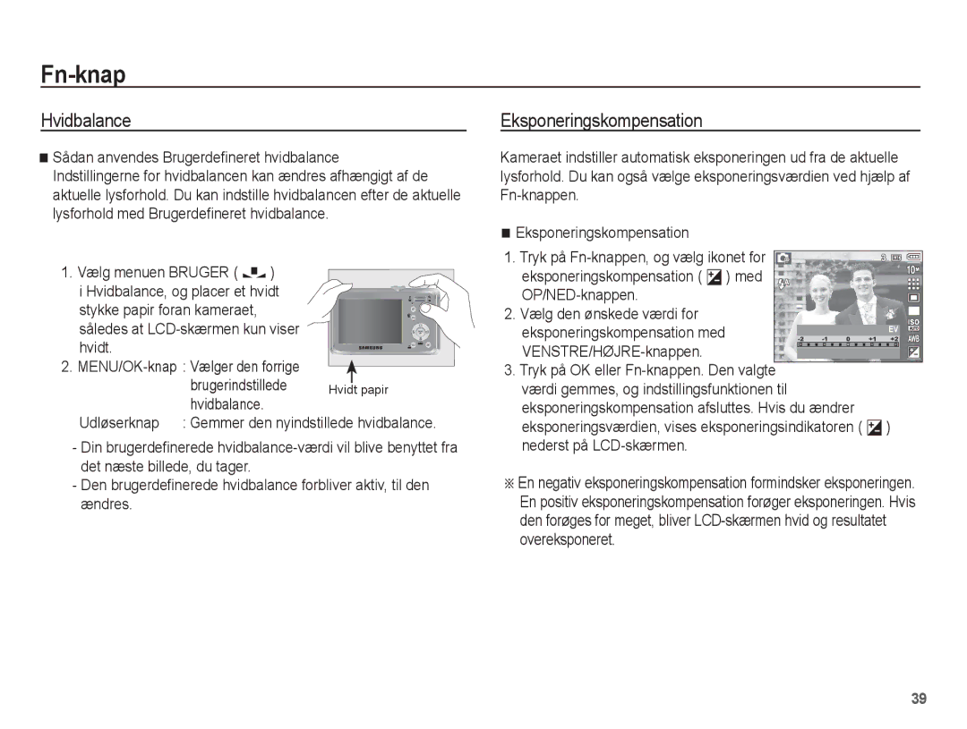 Samsung EC-S1070BBA/E2, EC-S1070WBA/E2 manual Eksponeringskompensation, Brugerindstillede, MENU/OK-knap Vælger den forrige 