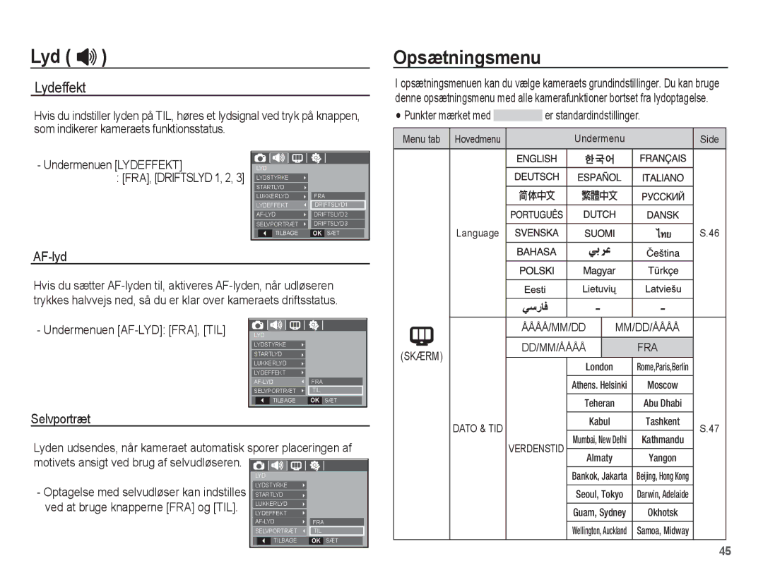 Samsung EC-S1070SBA/E2, EC-S1070BBA/E2, EC-S1070WBA/E2, EC-S1070PBA/E2 manual Opsætningsmenu, Undermenuen Lydeffekt 