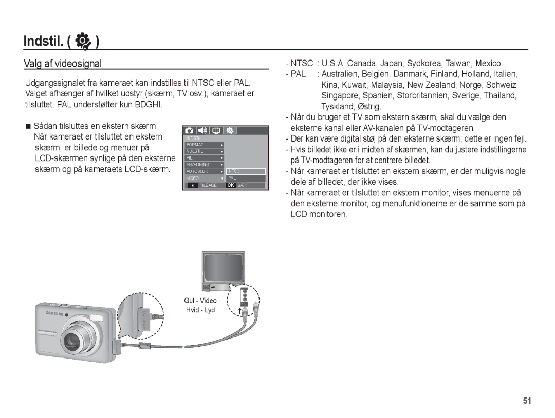 Samsung EC-S1070BBA/E2, EC-S1070WBA/E2 manual Valg af videosignal, Ntsc U.S.A, Canada, Japan, Sydkorea, Taiwan, Mexico 