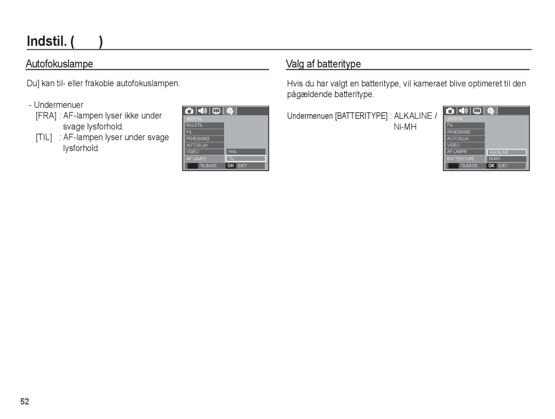 Samsung EC-S1070WBA/E2, EC-S1070BBA/E2, EC-S1070SBA/E2, EC-S1070PBA/E2 manual Autofokuslampe Valg af batteritype, Ni-MH 