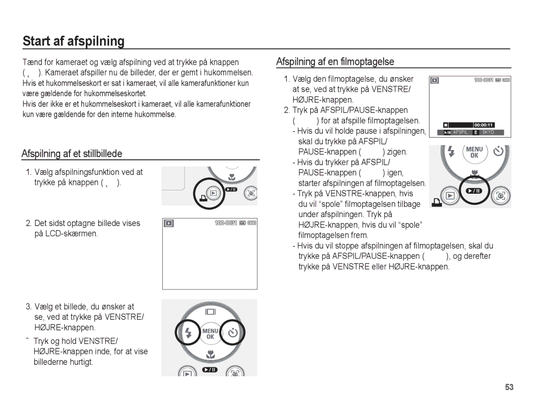 Samsung EC-S1070SBA/E2, EC-S1070BBA/E2 Start af afspilning, Afspilning af et stillbillede, Afspilning af en filmoptagelse 