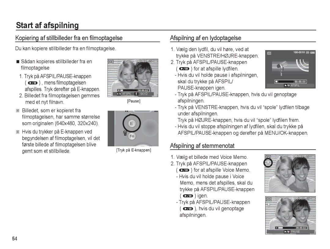 Samsung EC-S1070PBA/E2, EC-S1070BBA/E2 manual Kopiering af stillbilleder fra en filmoptagelse, Afspilning af en lydoptagelse 