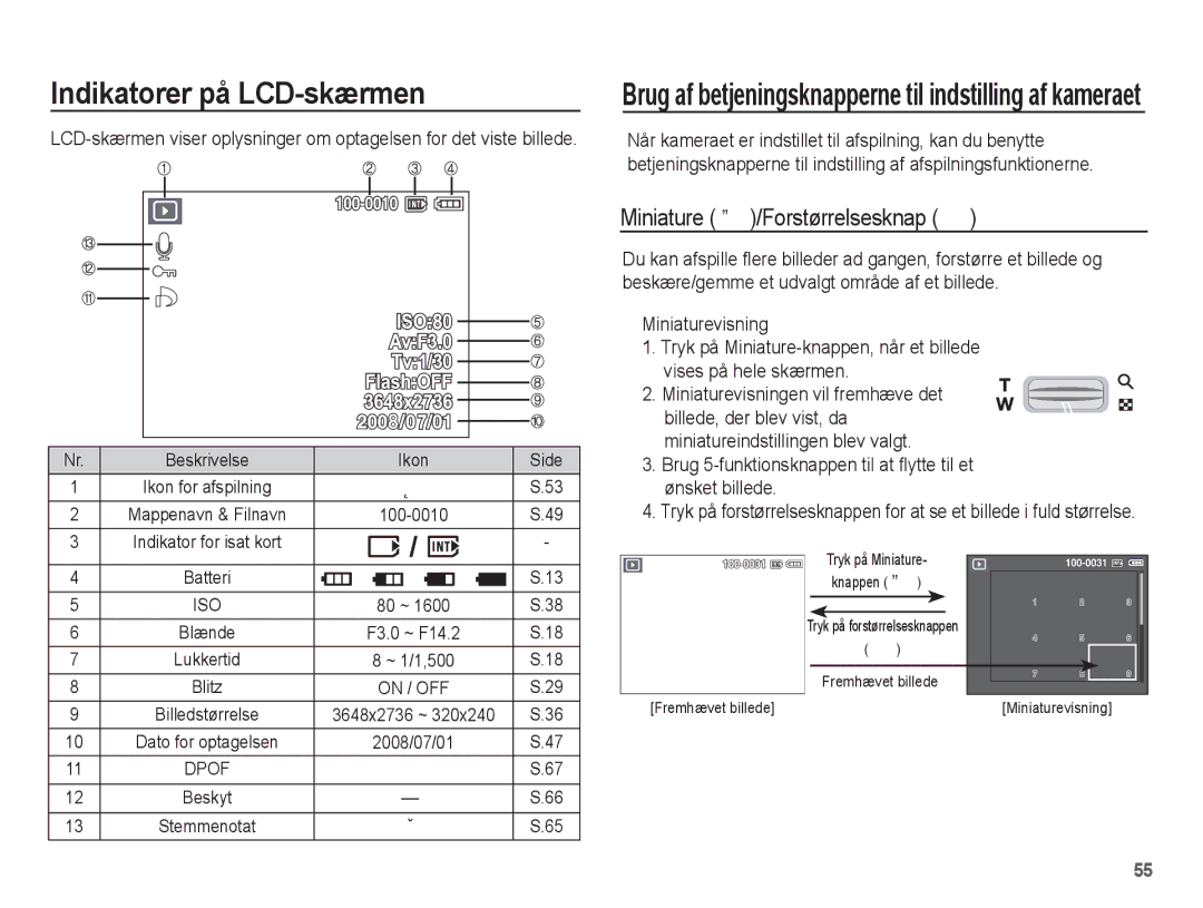 Samsung EC-S1070BBA/E2 manual Miniature º /Forstørrelsesknap í, Brug 5-funktionsknappen til at flytte til et ønsket billede 