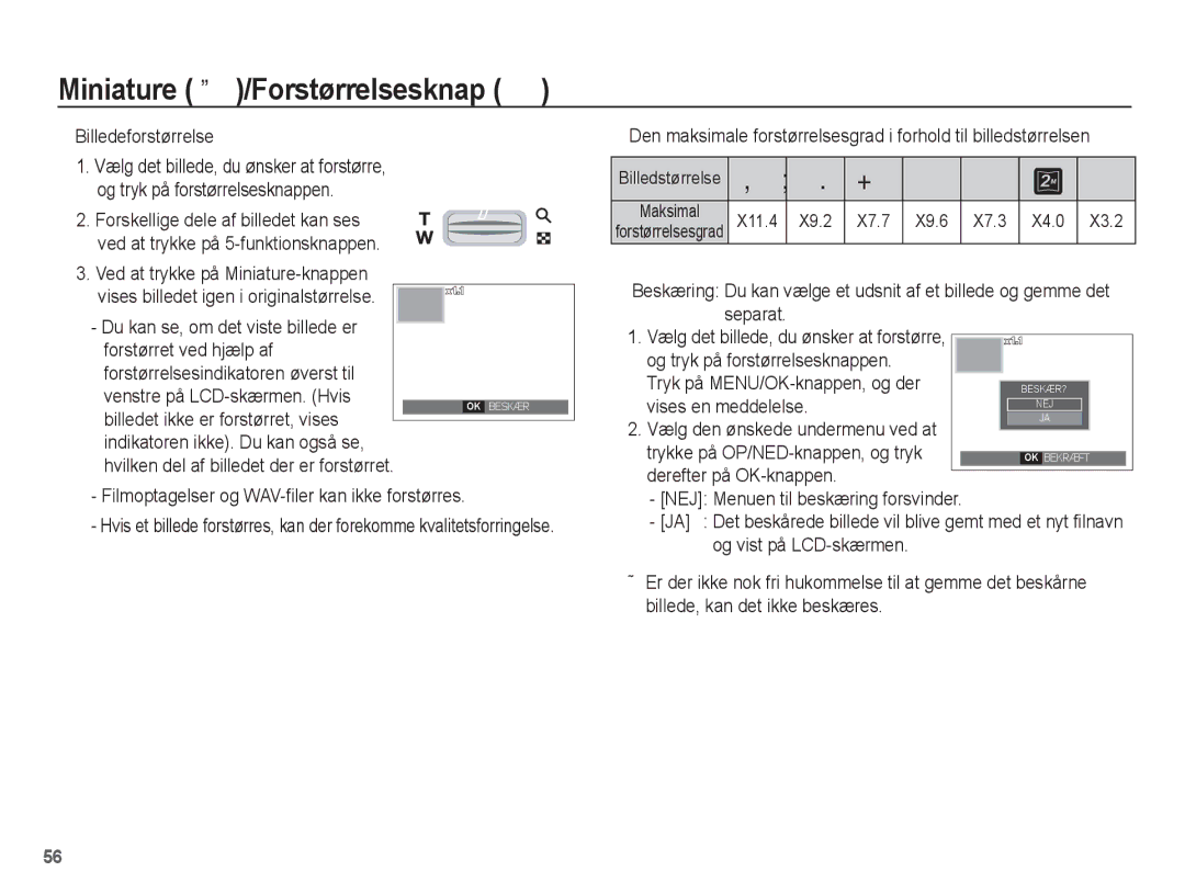 Samsung EC-S1070WBA/E2, EC-S1070BBA/E2 manual Miniature º /Forstørrelsesknap í, Billedeforstørrelse, X9.2 X7.7, X4.0 X3.2 