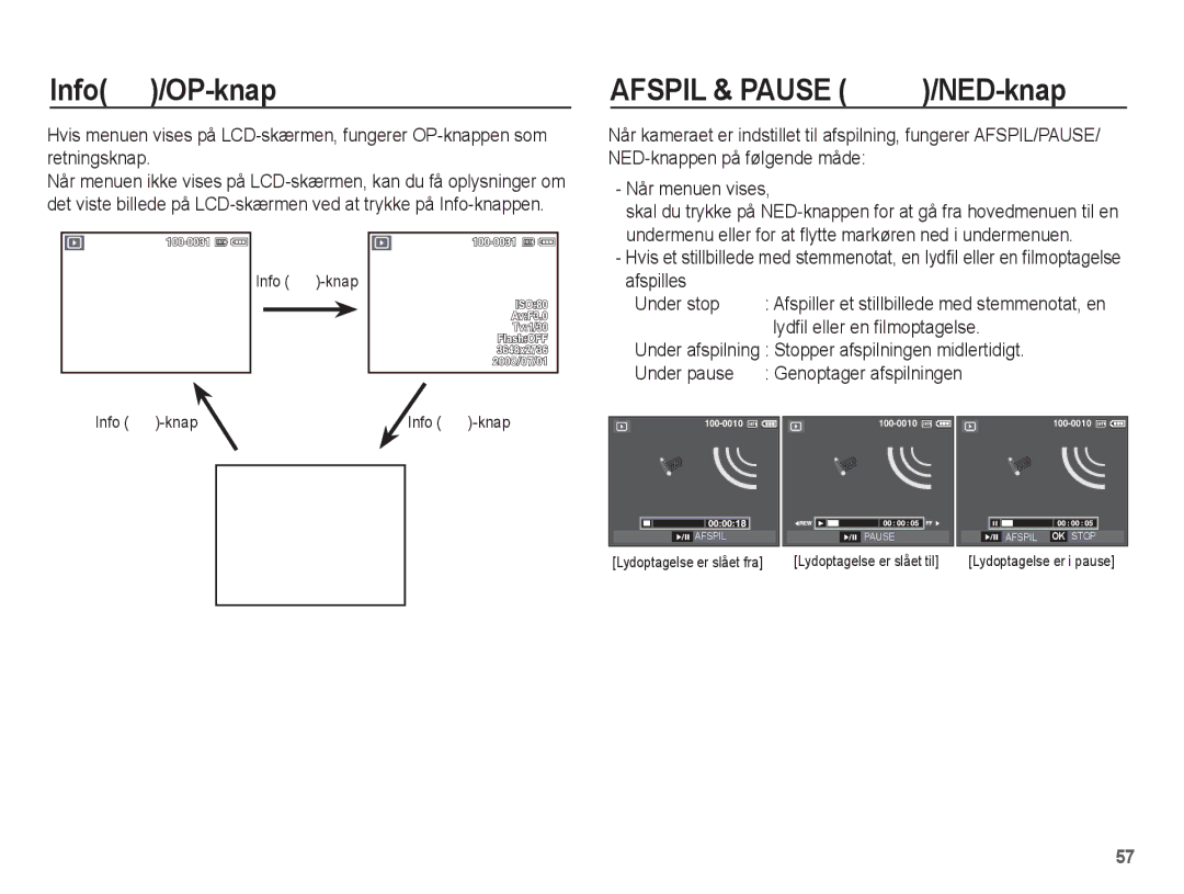 Samsung EC-S1070SBA/E2, EC-S1070BBA/E2 manual Info î/OP-knap, Afspil & Pause Ø/NED-knap, Lydfil eller en filmoptagelse 