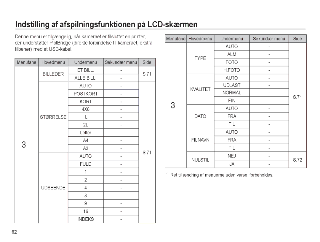 Samsung EC-S1070PBA/E2, EC-S1070BBA/E2 Indstilling af afspilningsfunktionen på LCD-skærmen, Hovedmenu Undermenu, Udseende 