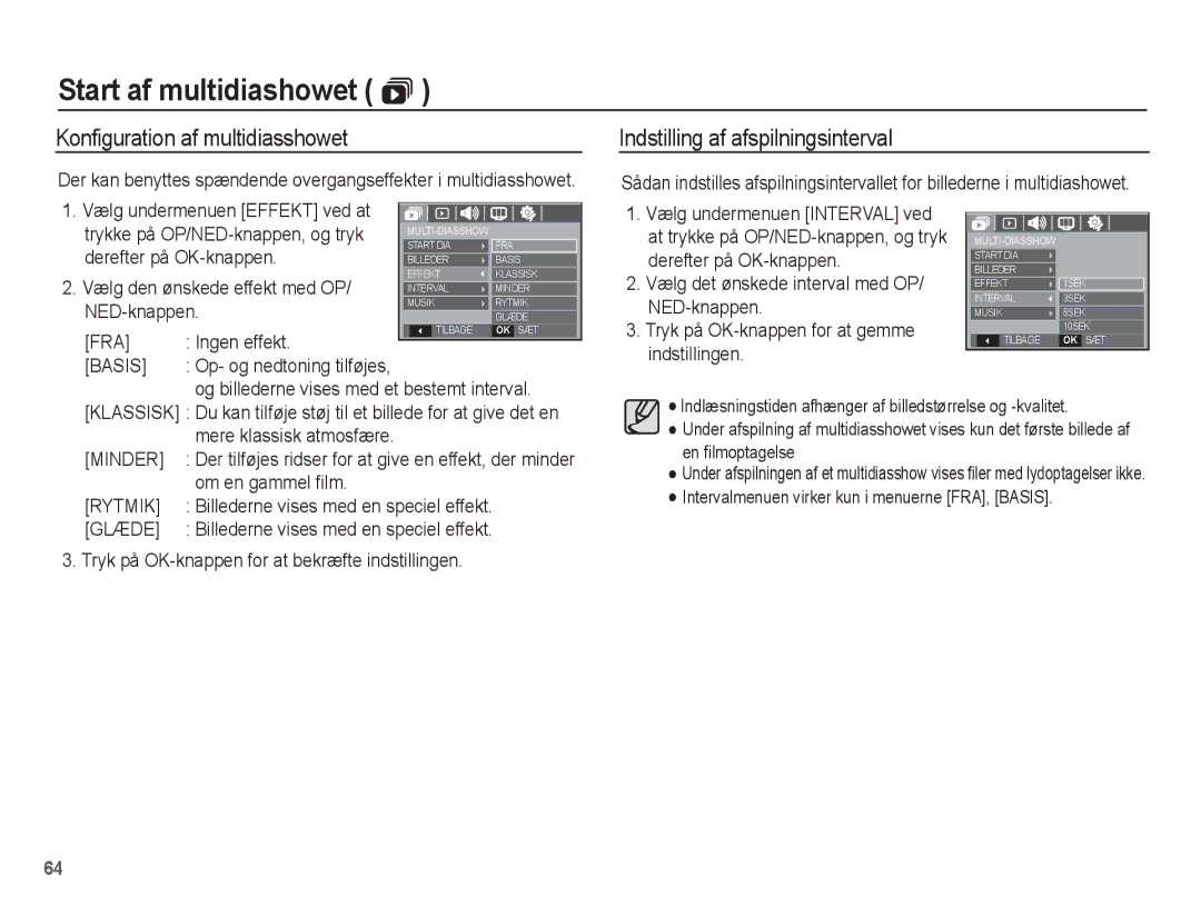 Samsung EC-S1070WBA/E2, EC-S1070BBA/E2, EC-S1070SBA/E2 Konfiguration af multidiasshowet, Indstilling af afspilningsinterval 