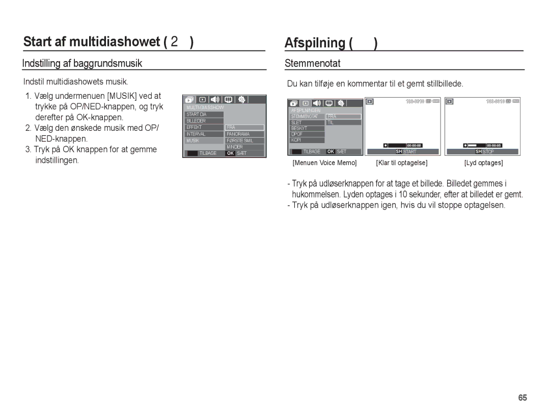 Samsung EC-S1070SBA/E2, EC-S1070BBA/E2 manual Afspilning à, Indstilling af baggrundsmusik, Indstil multidiashowets musik 