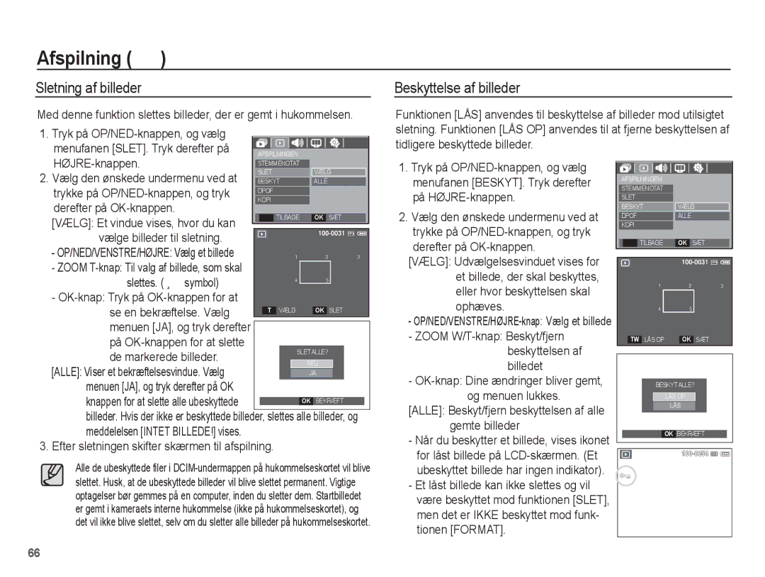 Samsung EC-S1070PBA/E2, EC-S1070BBA/E2, EC-S1070WBA/E2, EC-S1070SBA/E2 manual Sletning af billeder, Beskyttelse af billeder 