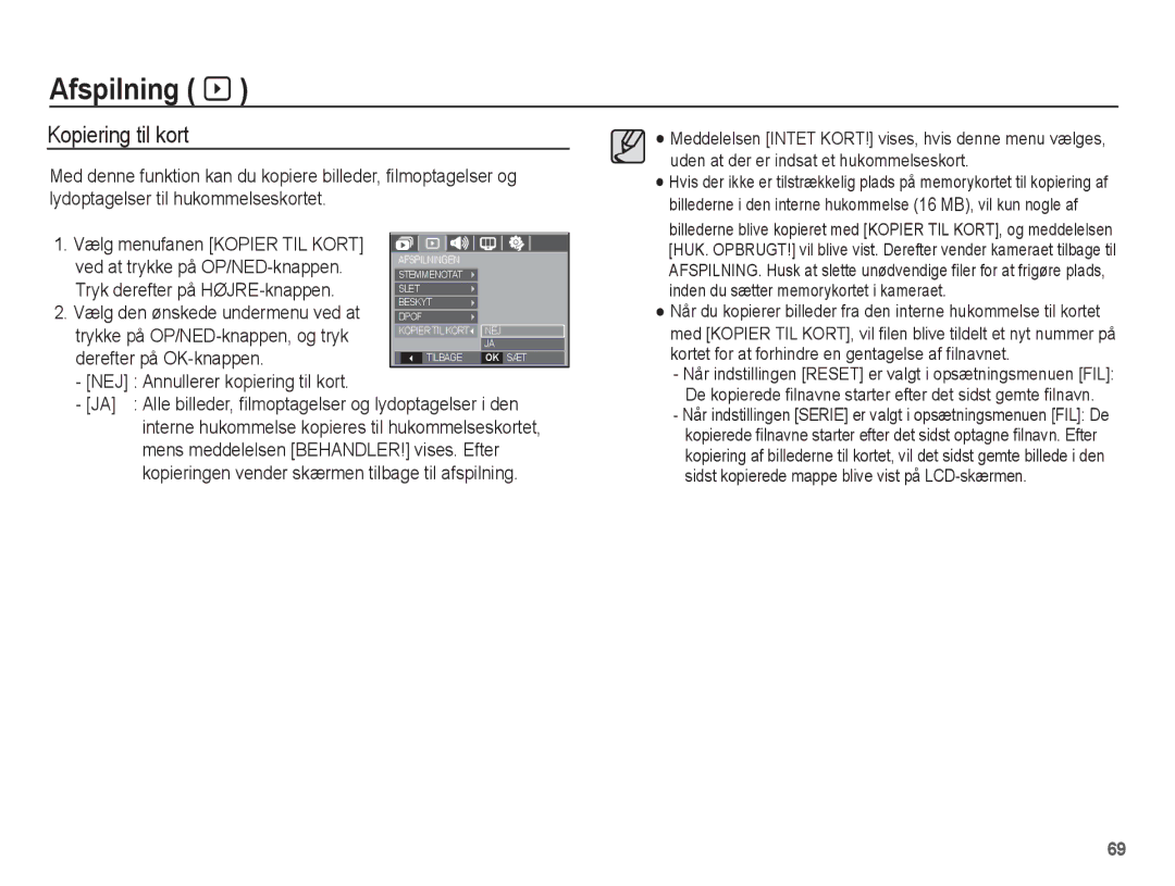 Samsung EC-S1070SBA/E2, EC-S1070BBA/E2 Kopiering til kort, Ved at trykke på OP/NED-knappen, Tryk derefter på HØJRE-knappen 