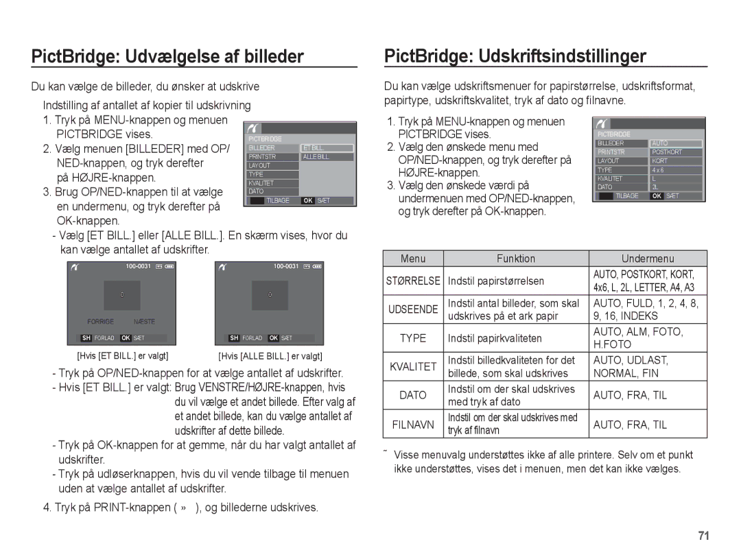 Samsung EC-S1070BBA/E2, EC-S1070WBA/E2, EC-S1070SBA/E2 PictBridge Udvælgelse af billeder, PictBridge Udskriftsindstillinger 