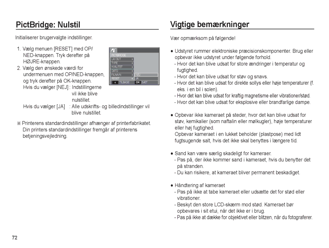 Samsung EC-S1070WBA/E2, EC-S1070BBA/E2, EC-S1070SBA/E2, EC-S1070PBA/E2 manual PictBridge Nulstil, Vigtige bemærkninger 