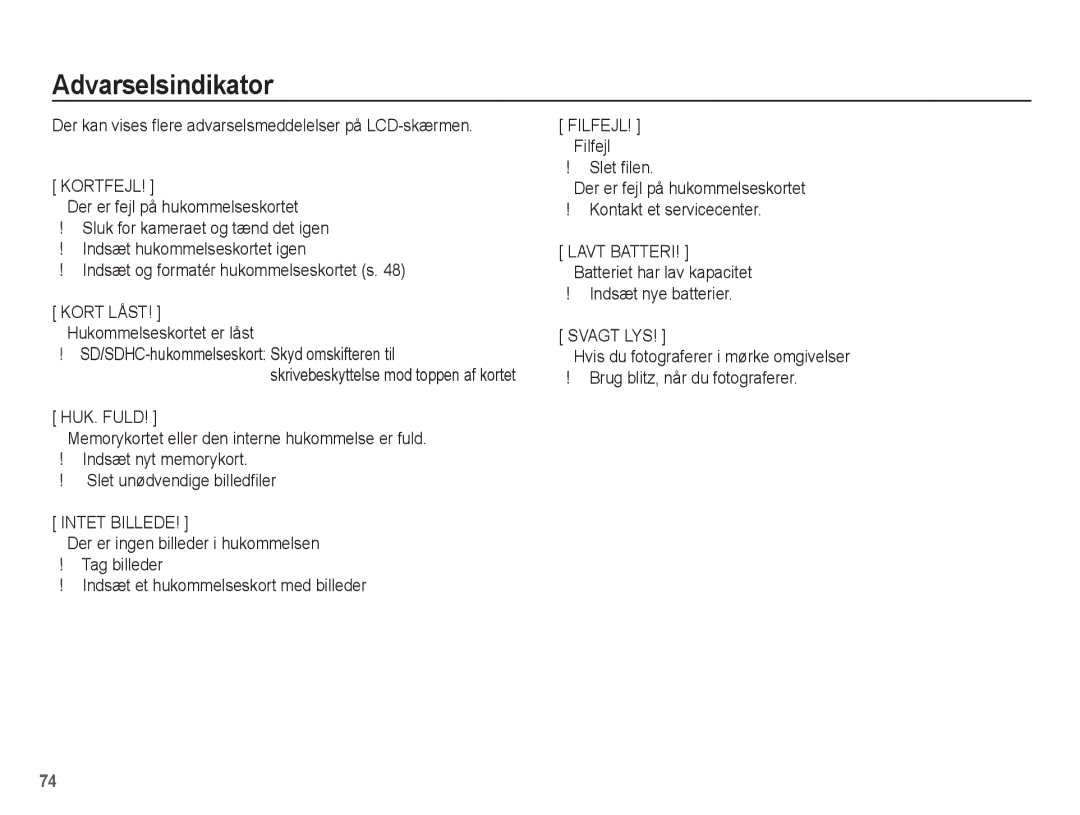 Samsung EC-S1070PBA/E2 Der kan vises flere advarselsmeddelelser på LCD-skærmen, Indsæt og formatér hukommelseskortet s 