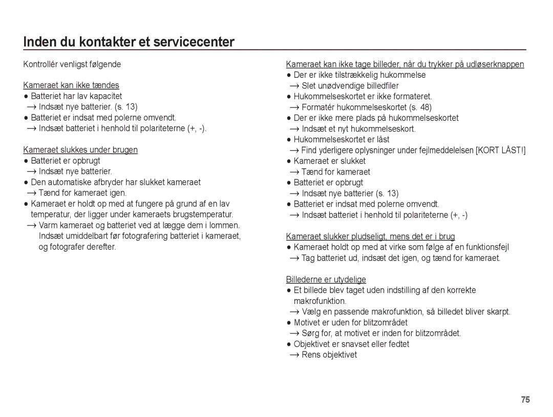 Samsung EC-S1070BBA/E2, EC-S1070WBA/E2, EC-S1070SBA/E2, EC-S1070PBA/E2 manual Inden du kontakter et servicecenter 