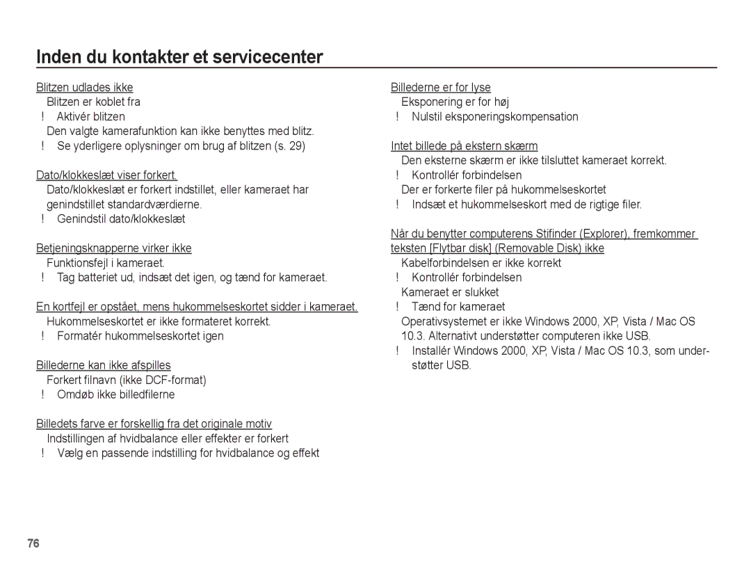 Samsung EC-S1070WBA/E2, EC-S1070BBA/E2, EC-S1070SBA/E2 manual Blitzen udlades ikke Blitzen er koblet fra Aktivér blitzen 