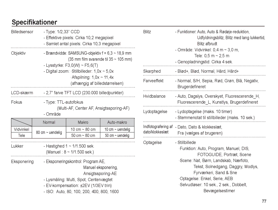 Samsung EC-S1070SBA/E2, EC-S1070BBA/E2, EC-S1070WBA/E2, EC-S1070PBA/E2 manual Specifikationer 