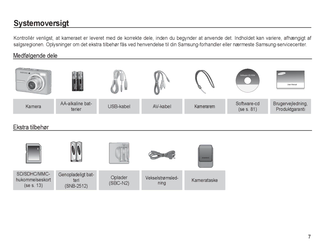 Samsung EC-S1070BBA/E2, EC-S1070WBA/E2 Systemoversigt, Medfølgende dele, Ekstra tilbehør, USB-kabel AV-kabel Kamerarem 