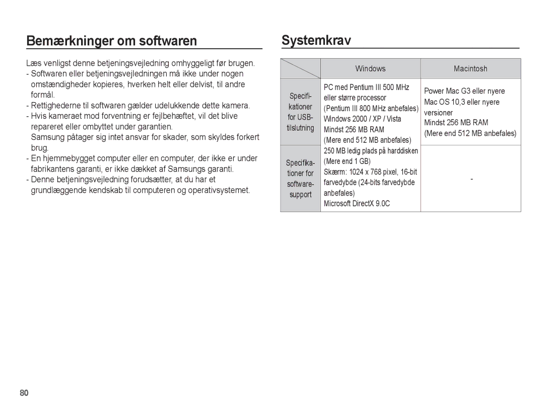 Samsung EC-S1070WBA/E2, EC-S1070BBA/E2, EC-S1070SBA/E2, EC-S1070PBA/E2 manual Bemærkninger om softwaren, Systemkrav 