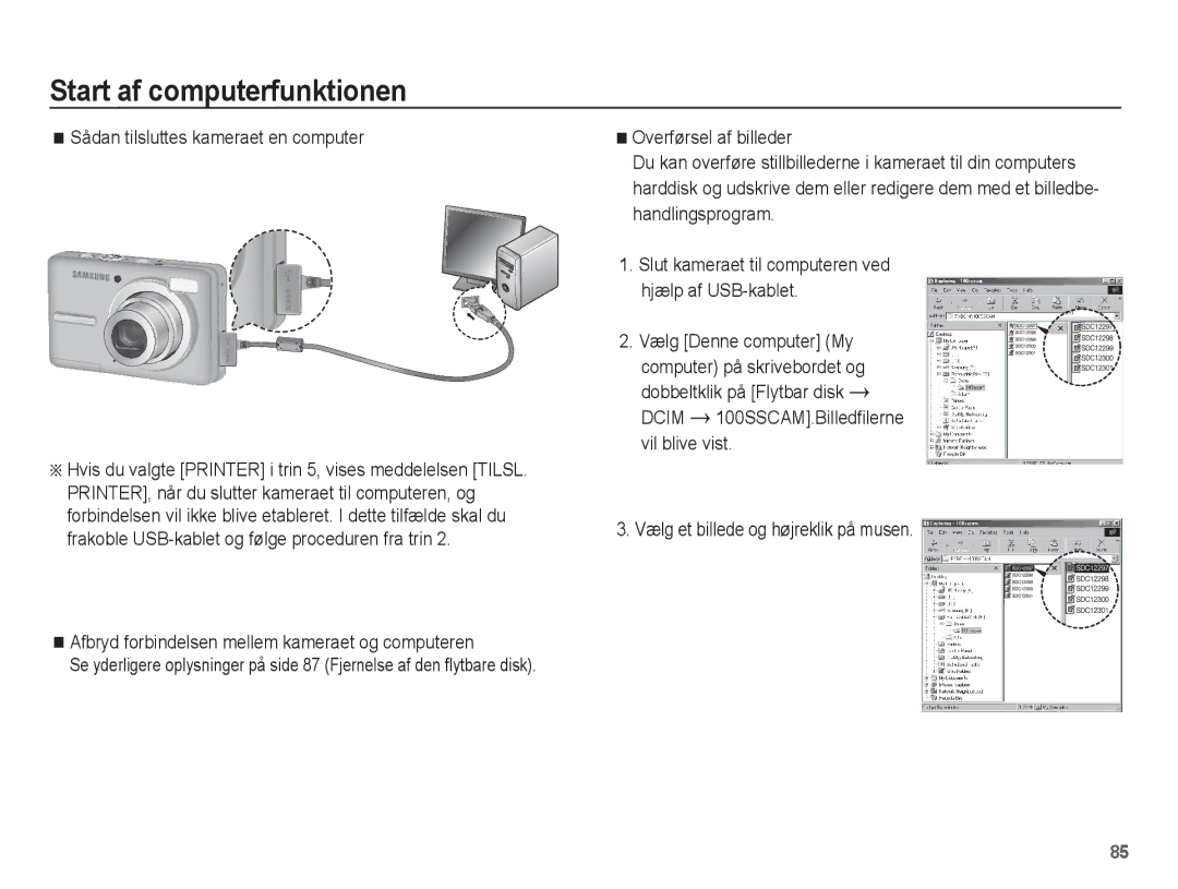 Samsung EC-S1070SBA/E2 manual Sådan tilsluttes kameraet en computer, Afbryd forbindelsen mellem kameraet og computeren 