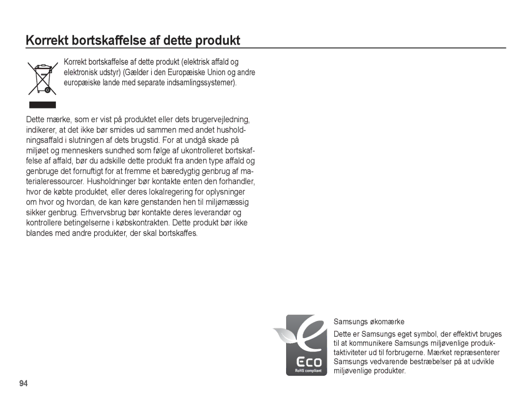 Samsung EC-S1070PBA/E2, EC-S1070BBA/E2, EC-S1070WBA/E2 manual Korrekt bortskaffelse af dette produkt, Samsungs økomærke 