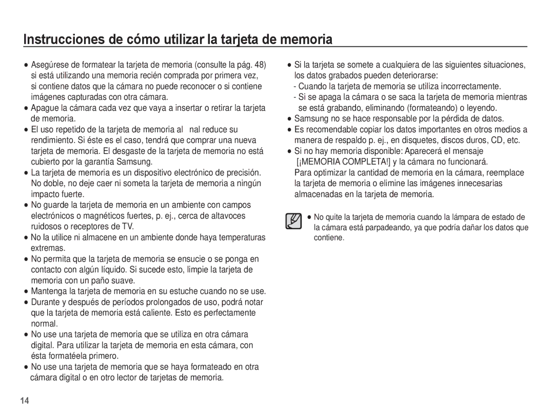 Samsung EC-S1070WBE/ZA, EC-S1070BBA/FR, EC-S1070BBA/E2, EC-S1070PBE/ZA Instrucciones de cómo utilizar la tarjeta de memoria 