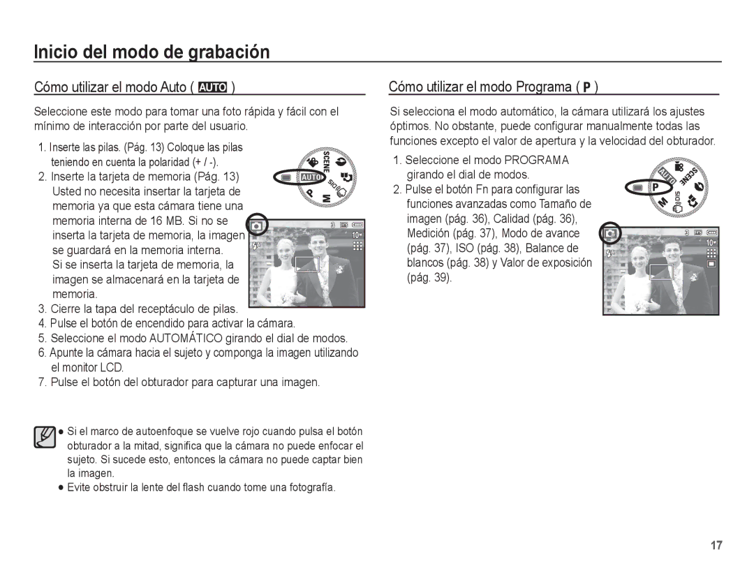 Samsung EC-S1070BBA/FR manual Inicio del modo de grabación, Cómo utilizar el modo Auto μ, Cómo utilizar el modo Programa 