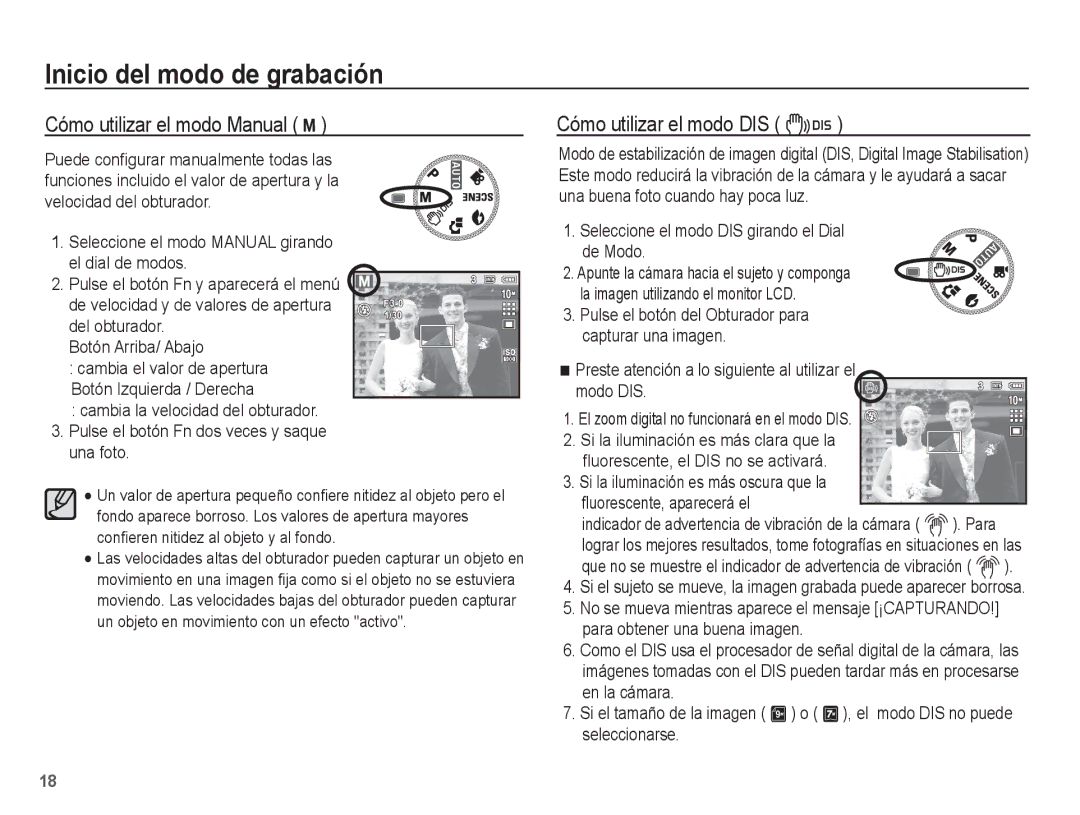 Samsung EC-S1070BBA/E2, EC-S1070BBA/FR manual Cómo utilizar el modo Manual ¸, Seleccione el modo DIS girando el Dial de Modo 