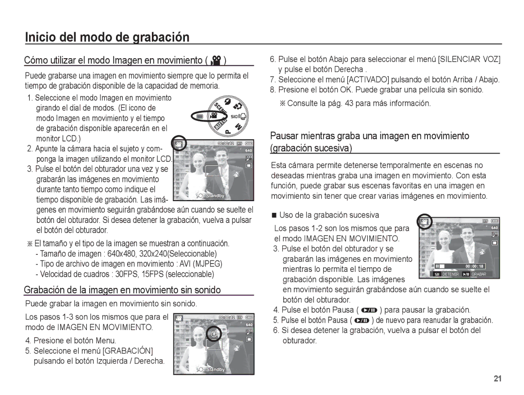 Samsung EC-S1070BBE/ZA manual Cómo utilizar el modo Imagen en movimiento ´, Grabación de la imagen en movimiento sin sonido 