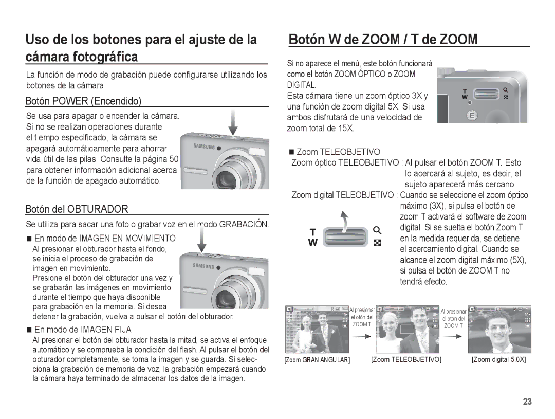 Samsung EC-S1070BBA/FR Uso de los botones para el ajuste de la cámara fotográﬁca, Botón W de Zoom / T de Zoom, Digital 