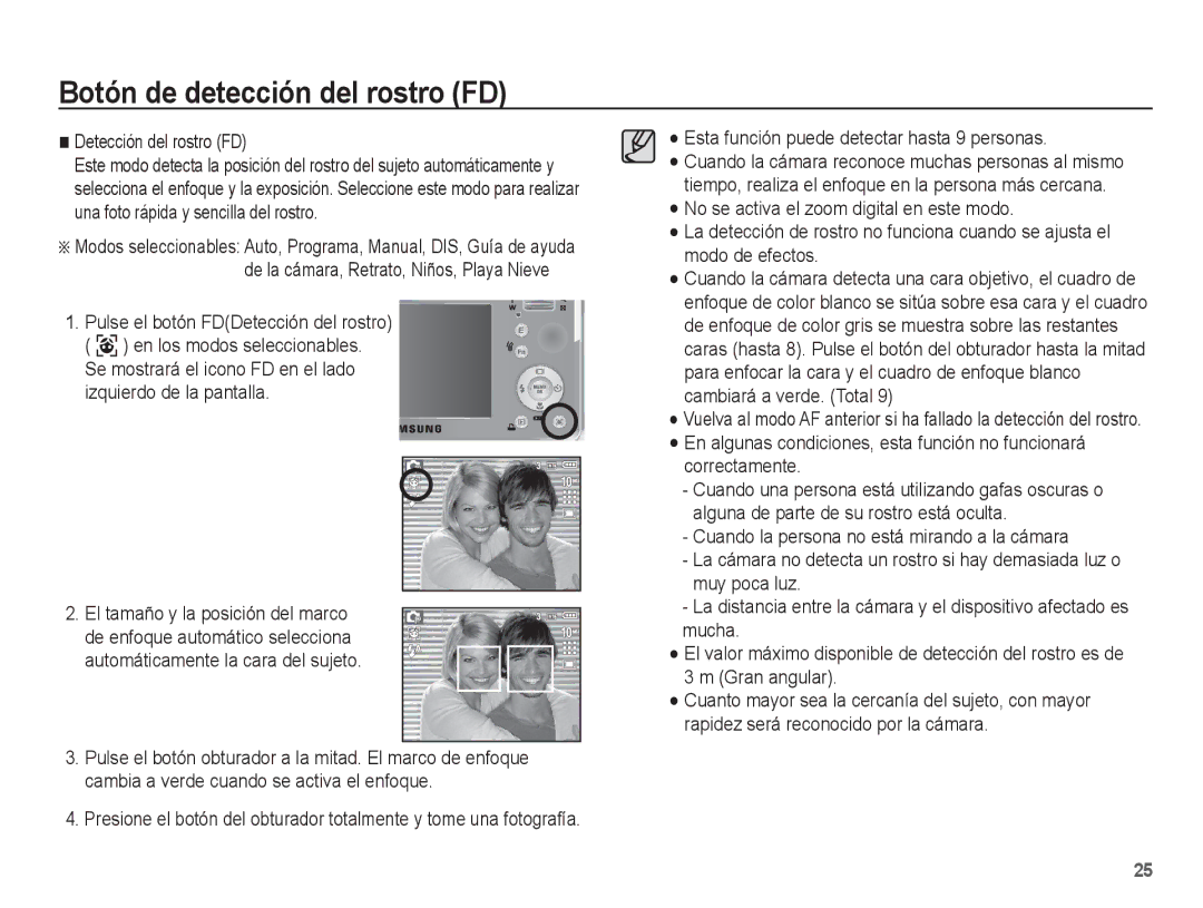 Samsung EC-S1070PBE/ZA, EC-S1070BBA/FR, EC-S1070BBA/E2 manual Botón de detección del rostro FD, Detección del rostro FD 