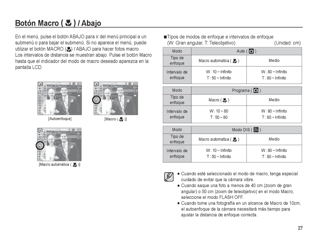 Samsung EC-S1070BBE/ZA, EC-S1070BBA/FR, EC-S1070BBA/E2, EC-S1070PBE/ZA manual Botón Macro e / Abajo, Unidad cm, Auto Š 