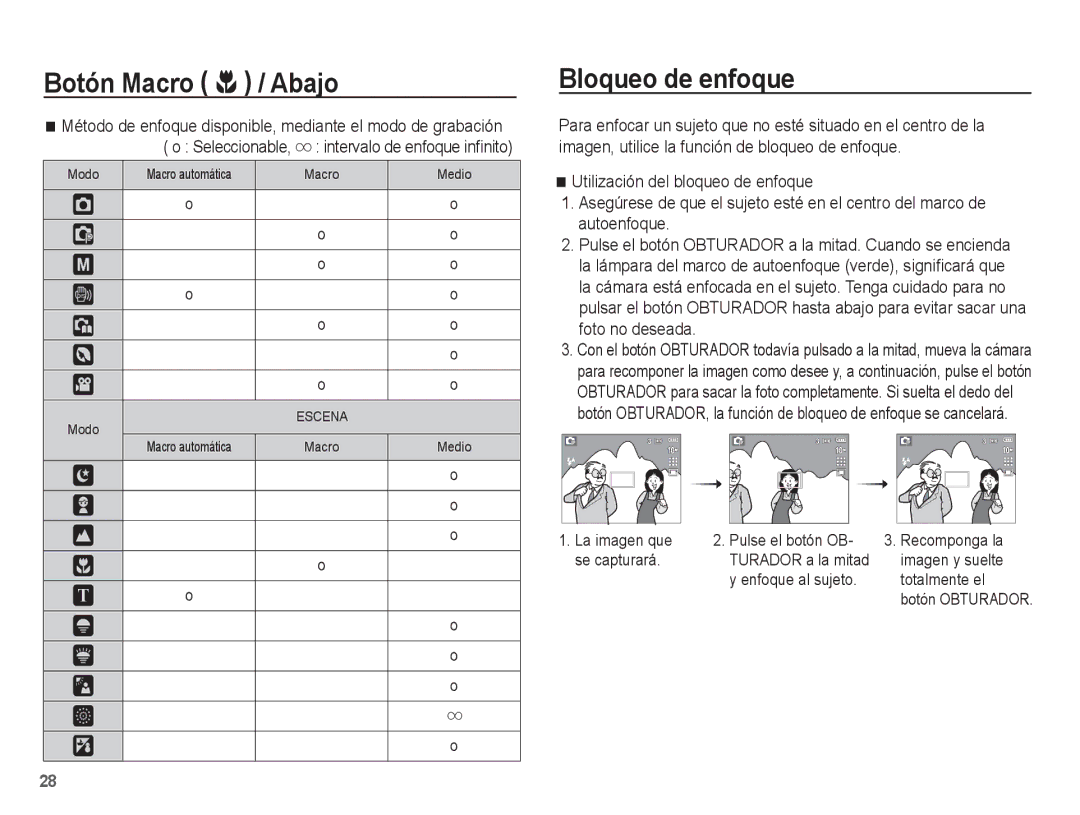 Samsung EC-S1070SBE/ZA Bloqueo de enfoque, Método de enfoque disponible, mediante el modo de grabación, Imagen y suelte 