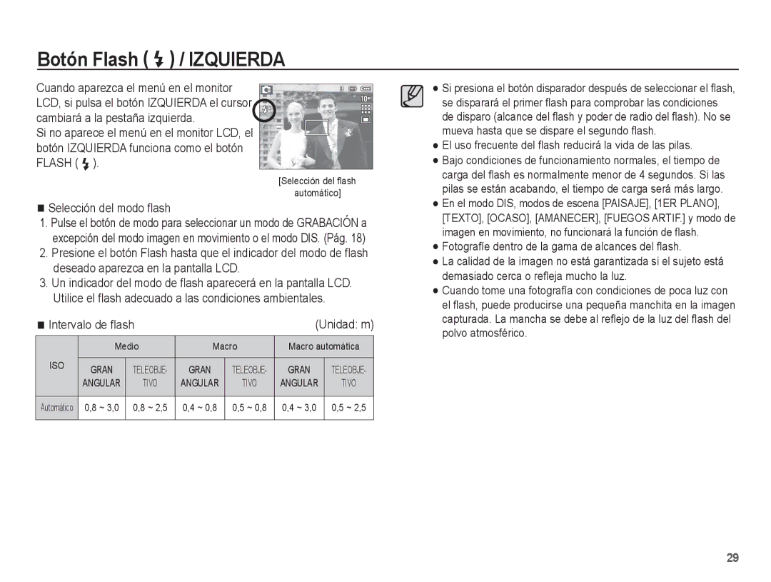 Samsung EC-S1070BBA/FR, EC-S1070BBA/E2 manual Botón Flash / Izquierda, Selección del modo ﬂash, Intervalo de ﬂash, Iso 