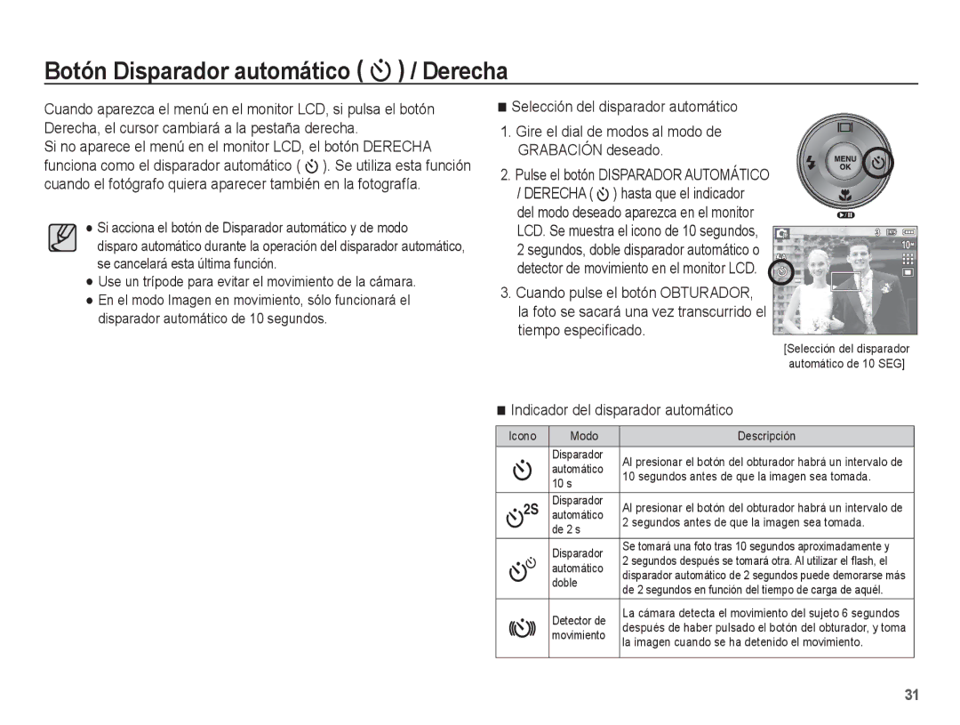 Samsung EC-S1070PBE/ZA, EC-S1070BBA/FR manual Botón Disparador automático / Derecha, Selección del disparador automático 