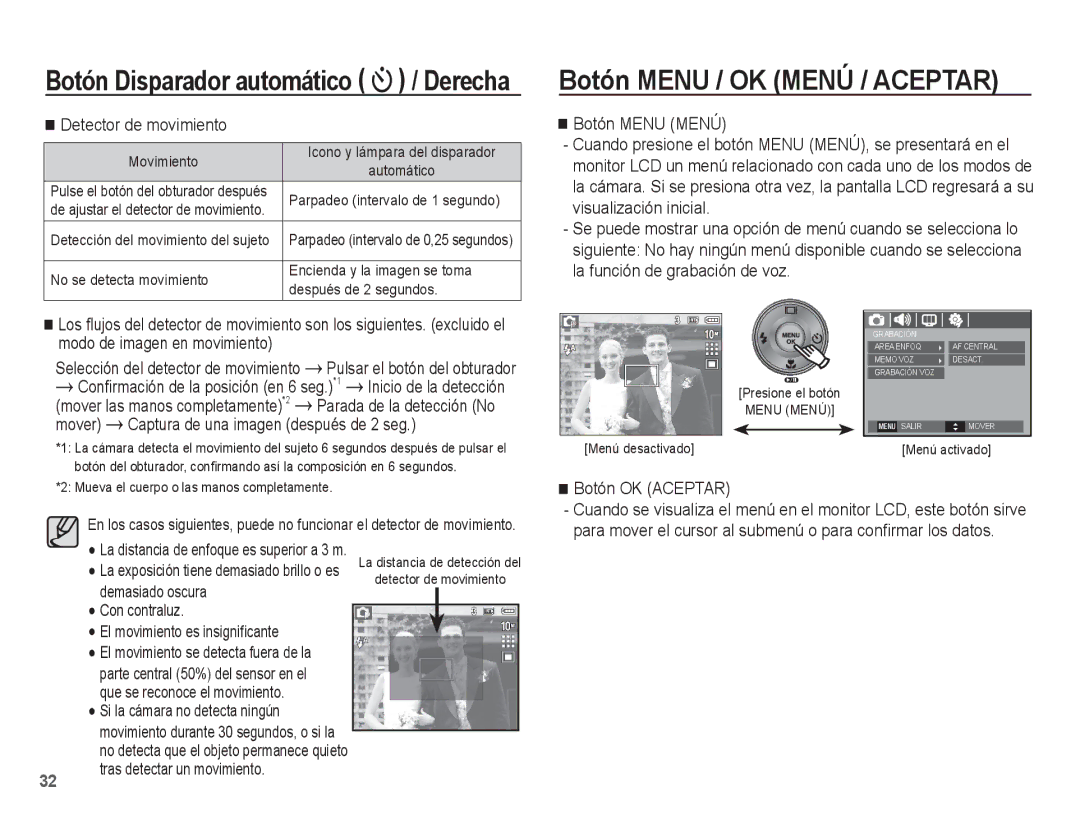 Samsung EC-S1070WBE/ZA, EC-S1070BBA/FR manual Botón Menu / OK Menú / Aceptar, Detector de movimiento, Botón OK Aceptar 