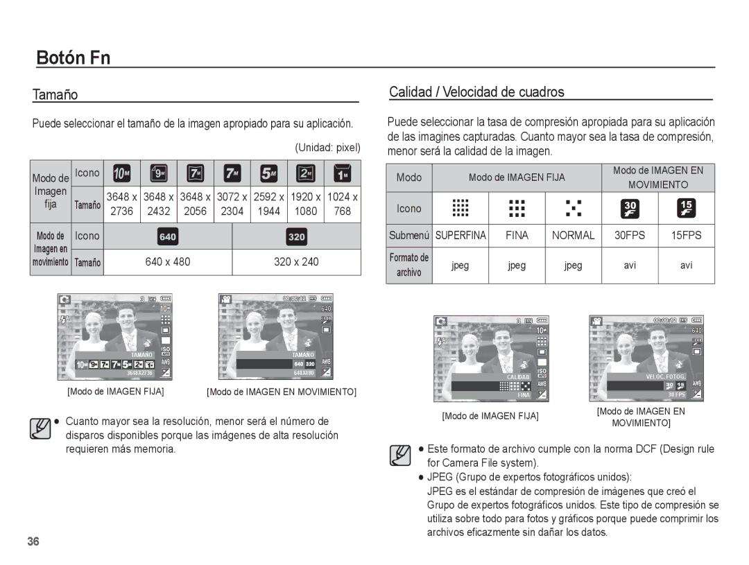 Samsung EC-S1070BBA/E2, EC-S1070BBA/FR, EC-S1070PBE/ZA, EC-S1070WBE/ZA, EC-S1070BBE/ZA Tamaño, Calidad / Velocidad de cuadros 