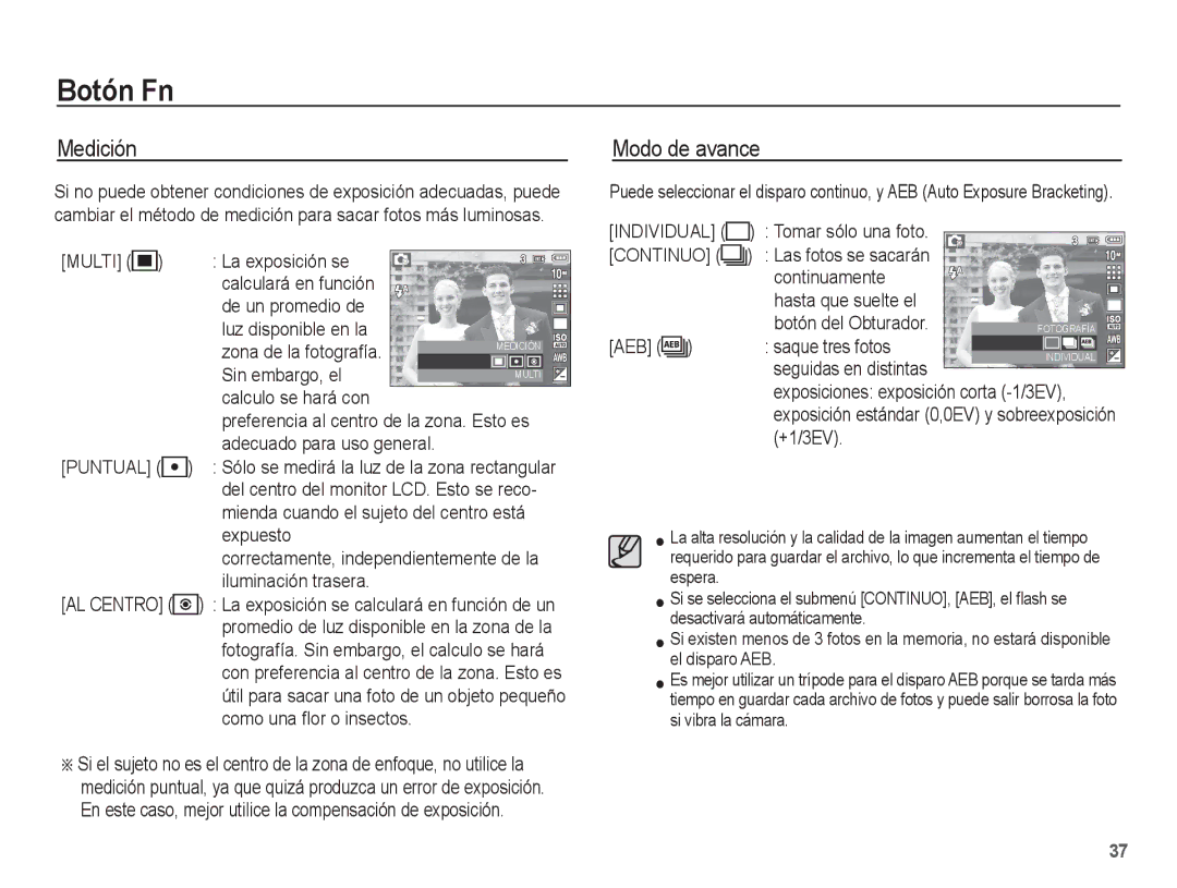 Samsung EC-S1070PBE/ZA, EC-S1070BBA/FR, EC-S1070BBA/E2, EC-S1070WBE/ZA manual Medición, Modo de avance, Puntual, Continuo 