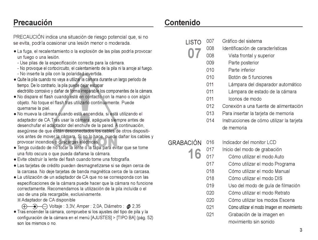 Samsung EC-S1070BBE/ZA, EC-S1070BBA/FR, EC-S1070BBA/E2, EC-S1070PBE/ZA, EC-S1070WBE/ZA manual Precaución, Contenido, Listo 