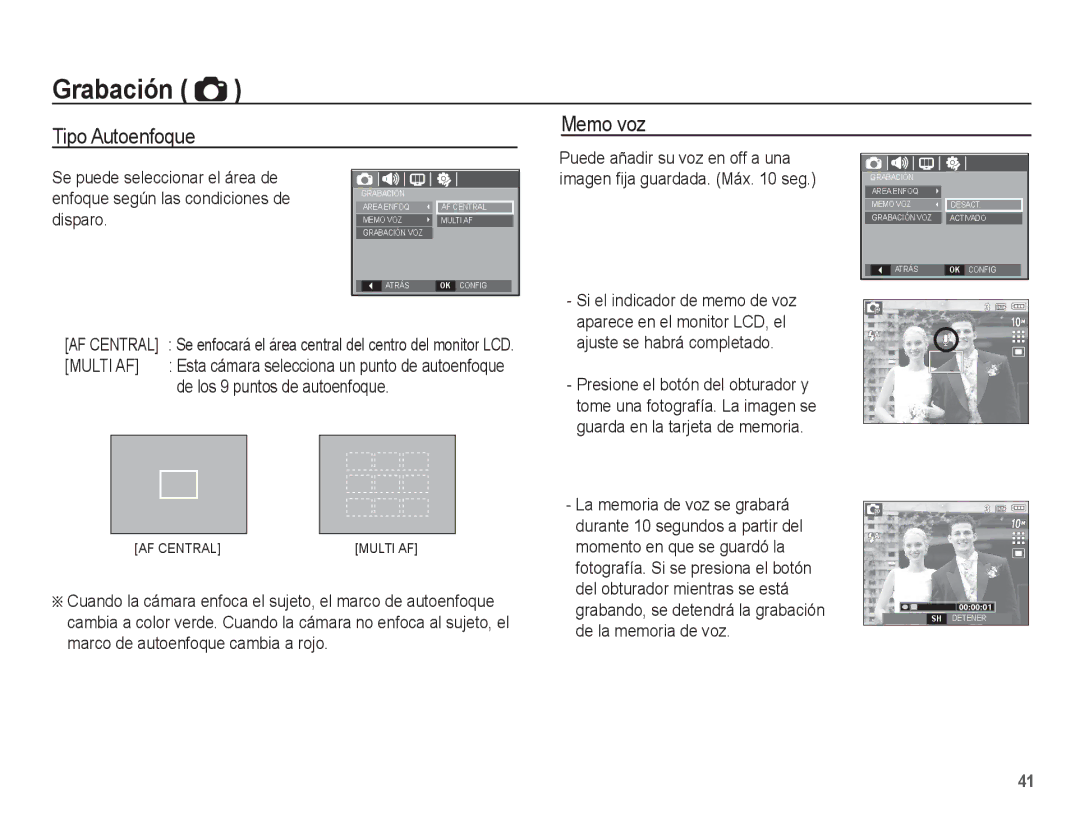 Samsung EC-S1070BBA/FR, EC-S1070BBA/E2 manual Tipo Autoenfoque Memo voz, Disparo, De los 9 puntos de autoenfoque, AF Central 