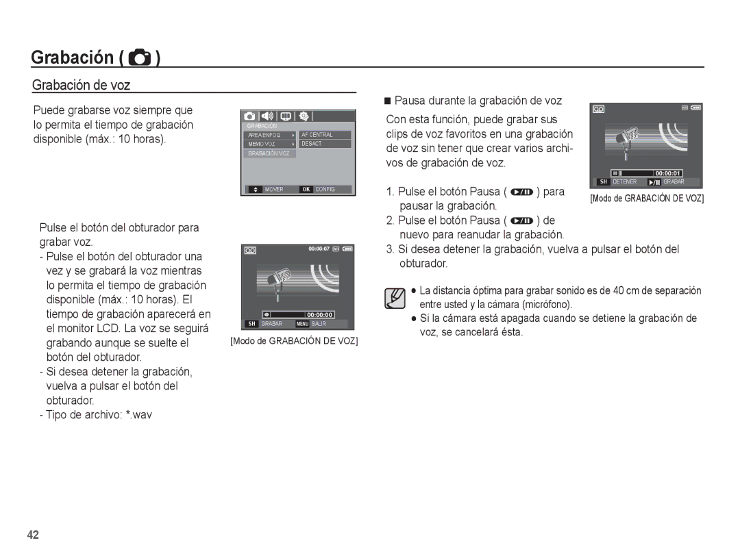 Samsung EC-S1070BBA/E2, EC-S1070BBA/FR, EC-S1070PBE/ZA, EC-S1070WBE/ZA, EC-S1070BBE/ZA, EC-S1070SBE/ZA manual Grabación de voz 