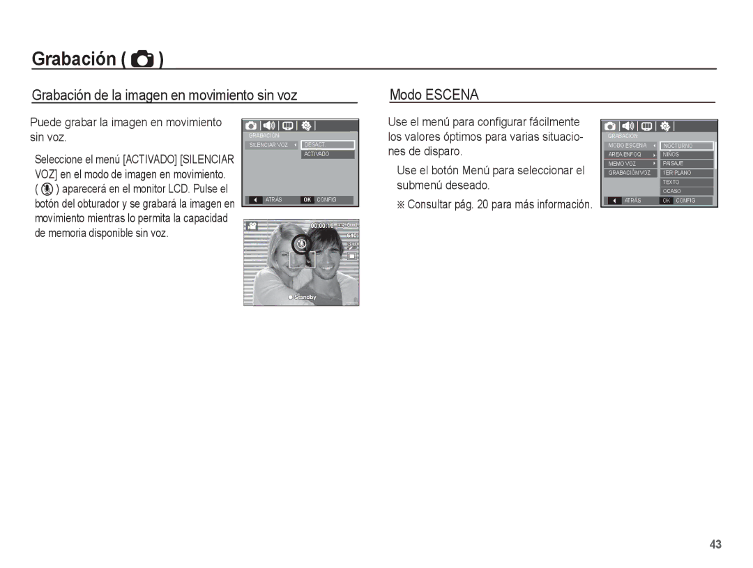 Samsung EC-S1070PBE/ZA, EC-S1070BBA/FR, EC-S1070BBA/E2 manual Grabación de la imagen en movimiento sin voz Modo Escena 