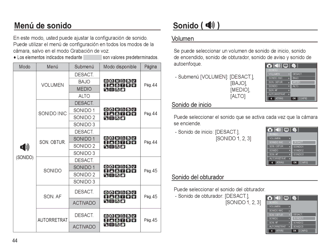 Samsung EC-S1070WBE/ZA, EC-S1070BBA/FR manual Menú de sonido, Sonido , Volumen, Sonido de inicio, Sonido del obturador 