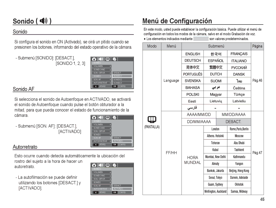 Samsung EC-S1070BBE/ZA, EC-S1070BBA/FR, EC-S1070BBA/E2 manual Menú de Conﬁguración, Sonido AF, Autorretrato, Activado 