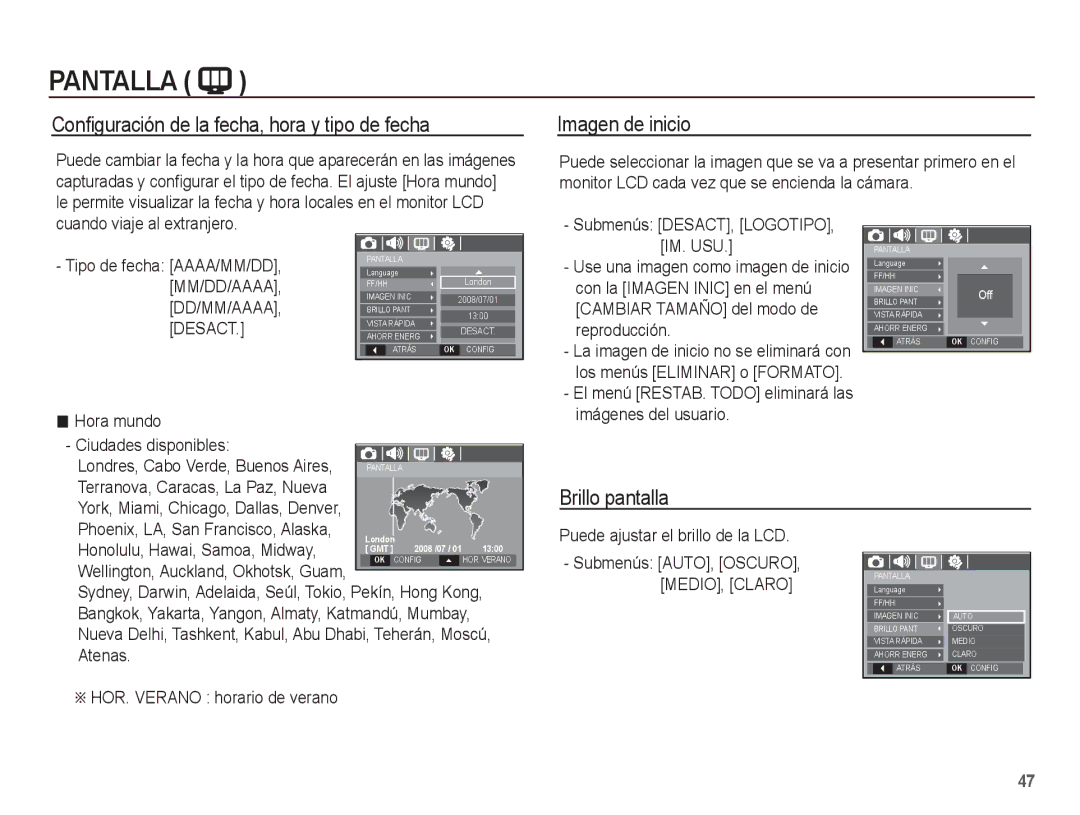 Samsung EC-S1070BBA/FR, EC-S1070BBA/E2 Conﬁguración de la fecha, hora y tipo de fecha, Imagen de inicio, Brillo pantalla 