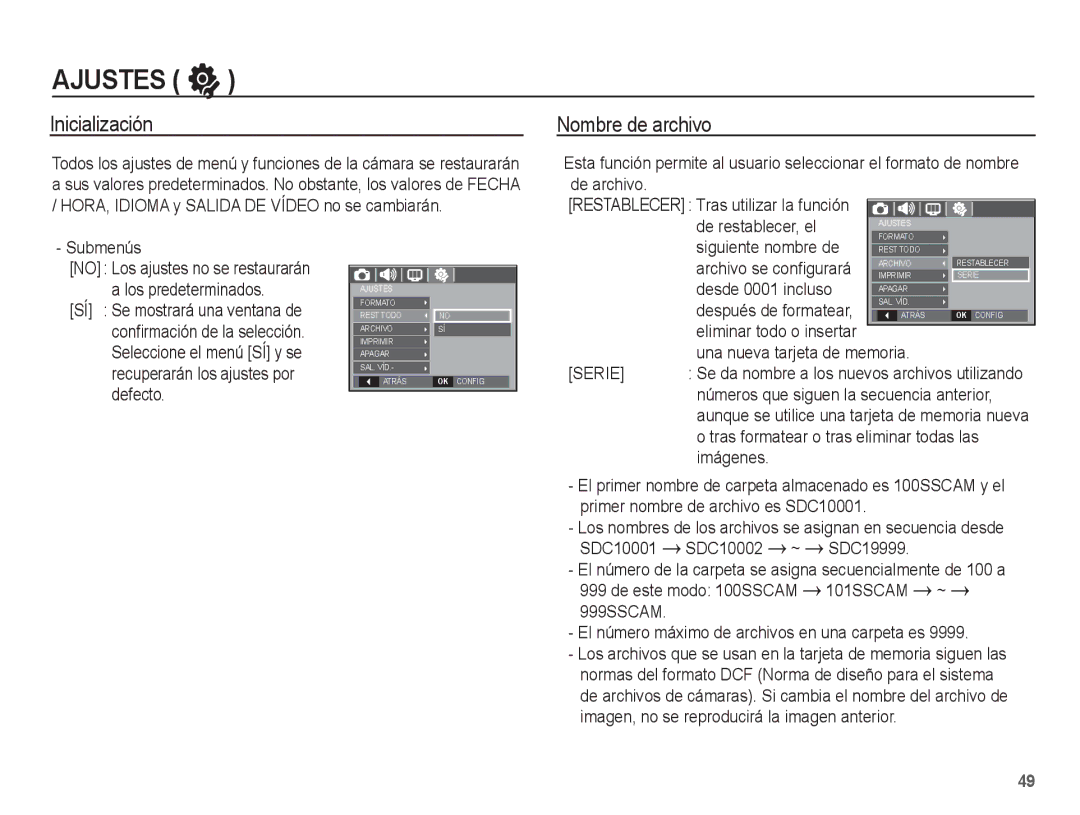 Samsung EC-S1070PBE/ZA, EC-S1070BBA/FR, EC-S1070BBA/E2, EC-S1070WBE/ZA manual Inicialización, Nombre de archivo, Serie 