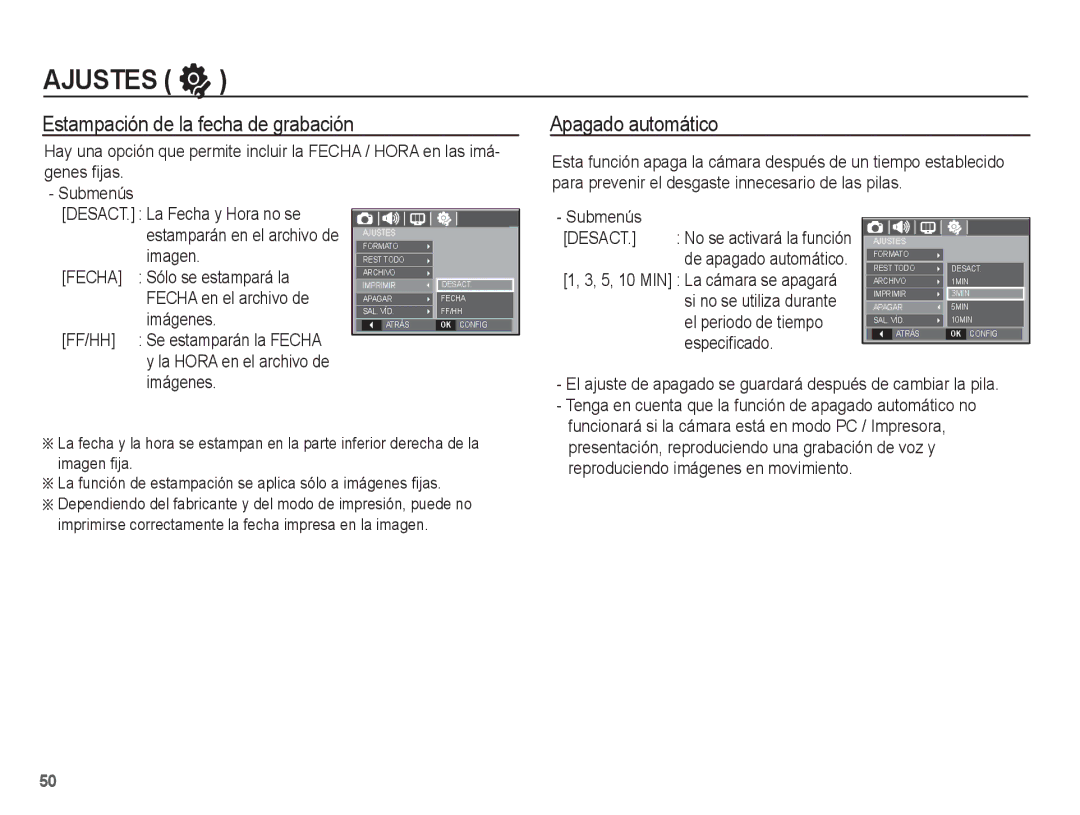 Samsung EC-S1070WBE/ZA, EC-S1070BBA/FR manual Estampación de la fecha de grabación, Apagado automático, Fecha, Ff/Hh 