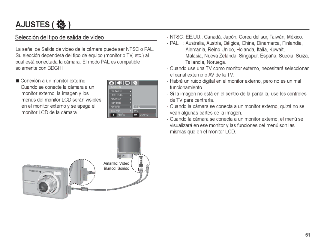 Samsung EC-S1070BBE/ZA, EC-S1070BBA/FR, EC-S1070BBA/E2, EC-S1070PBE/ZA, EC-S1070WBE/ZA Selección del tipo de salida de vídeo 