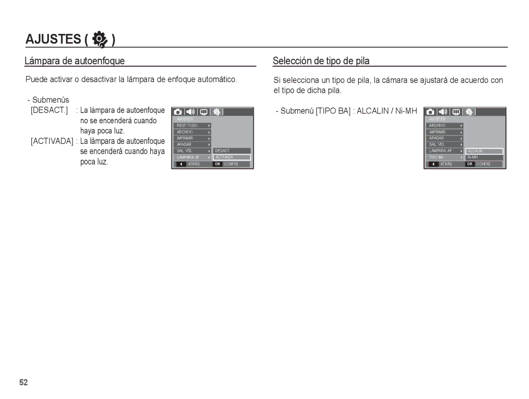 Samsung EC-S1070SBE/ZA Lámpara de autoenfoque Selección de tipo de pila, El tipo de dicha pila, Haya poca luz, Poca luz 